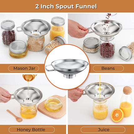 Canning Funnel for Wide Mouth and Regular Mason Jars, Stainless Steel Kitchen Use Funnels with Strainer for Filling Bottles, Metal Funnel Set for Oil Power Jam Grains Dry & Wet Ingredients.