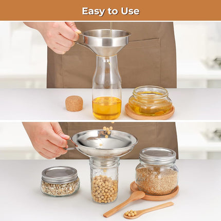 Canning Funnel for Wide Mouth and Regular Mason Jars, Stainless Steel Kitchen Use Funnels with Strainer for Filling Bottles, Metal Funnel Set for Oil Power Jam Grains Dry & Wet Ingredients.