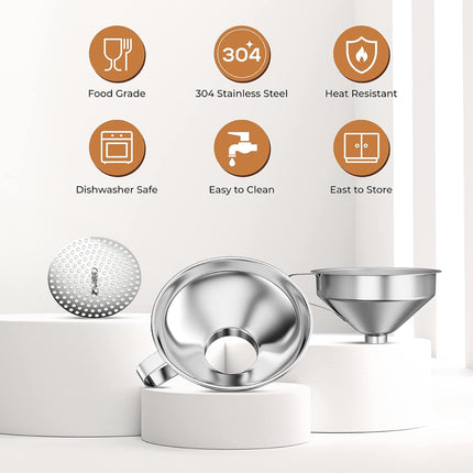 Canning Funnel for Wide Mouth and Regular Mason Jars, Stainless Steel Kitchen Use Funnels with Strainer for Filling Bottles, Metal Funnel Set for Oil Power Jam Grains Dry & Wet Ingredients.