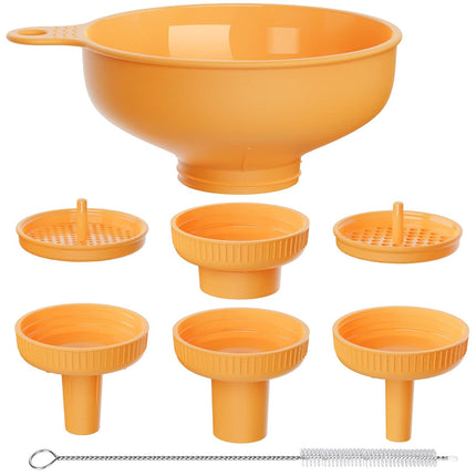 Wide Mouth Versatile Funnel, Canning Funnels for Kitchen Use, Food Grade Plastic Cooking Funnel Set with 4 Size Spouts and 2 Strainers for Filling Different Bottles and Bags, Orange.