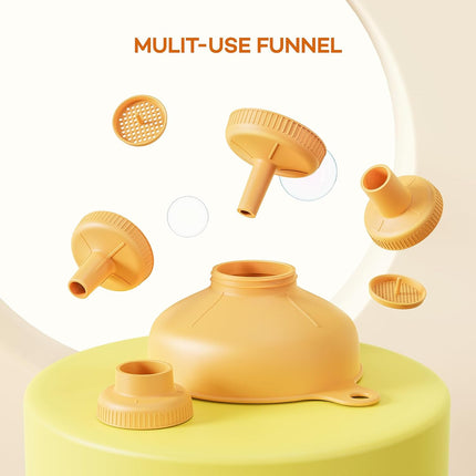 Wide Mouth Versatile Funnel, Canning Funnels for Kitchen Use, Food Grade Plastic Cooking Funnel Set with 4 Size Spouts and 2 Strainers for Filling Different Bottles and Bags, Orange.