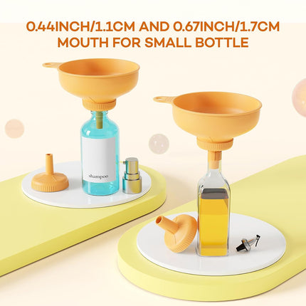 Wide Mouth Versatile Funnel, Canning Funnels for Kitchen Use, Food Grade Plastic Cooking Funnel Set with 4 Size Spouts and 2 Strainers for Filling Different Bottles and Bags, Orange.