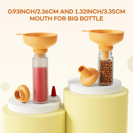 Wide Mouth Versatile Funnel, Canning Funnels for Kitchen Use, Food Grade Plastic Cooking Funnel Set with 4 Size Spouts and 2 Strainers for Filling Different Bottles and Bags, Orange.
