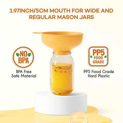Wide Mouth Versatile Funnel, Canning Funnels for Kitchen Use, Food Grade Plastic Cooking Funnel Set with 4 Size Spouts and 2 Strainers for Filling Different Bottles and Bags, Orange.