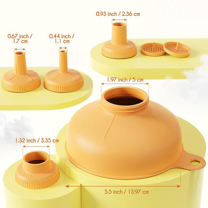 Wide Mouth Versatile Funnel, Canning Funnels for Kitchen Use, Food Grade Plastic Cooking Funnel Set with 4 Size Spouts and 2 Strainers for Filling Different Bottles and Bags, Orange.