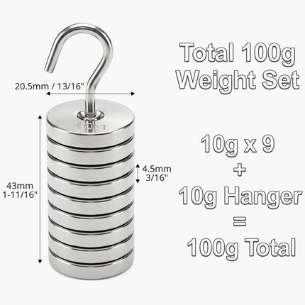 Lab Slotted Mass Set, 2 Set of Chromium-Plated Metal Slotted Weights, One Set - Total 100g - Includes 9 Weights (10g Each) & One Hanger (10g).