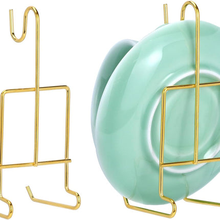 6 Pack Gold Tea Cup and Saucer Display Stand Holder Rack for China Coffee Mugs Organizer – Teacup Easel for Kitchen, Dining Room, and Curio Cabinet Displays.