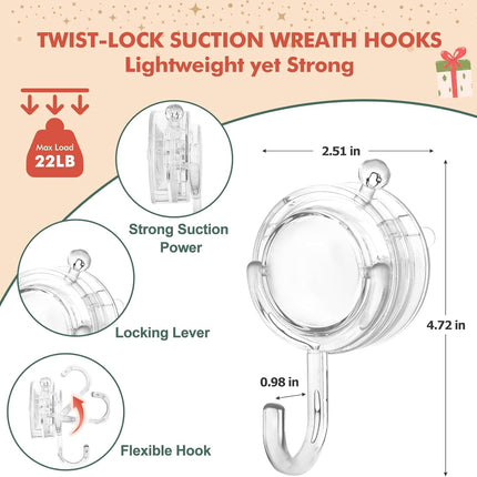 Wreath Hanger, Large Twist Lock Suction Cup Wreath Hooks, Heavy Duty, 22 LB Capacity, Removable and Reusable, Round, Clear, 2 Pcs.