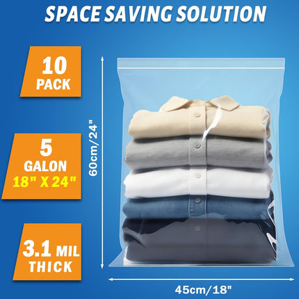 Extra Large Storage Bags - Zipper Seal, 3.1-mil Thick, Heavy Duty, 5 Gallon 18" x 24", Jumbo Plastic Bags for Clothes, Travel, Moving, Large Reusable Freezer Bags, BPA-Free (10 Count).