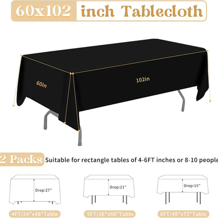 2 Pack 60 x 102 Inch Black Rectangle Tablecloth for 6 Foot Table Washable Reusable Outdoor Polyester Fabric Decorative Table Cover for Dining, Buffet, Camping, Baby Shower, Party.