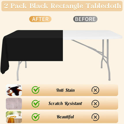 2 Pack 60 x 102 Inch Black Rectangle Tablecloth for 6 Foot Table Washable Reusable Outdoor Polyester Fabric Decorative Table Cover for Dining, Buffet, Camping, Baby Shower, Party.
