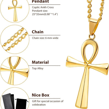 3 Pieces Men's Stainless Steel Ankh Pendant Necklace, Black, Gold, Silver.