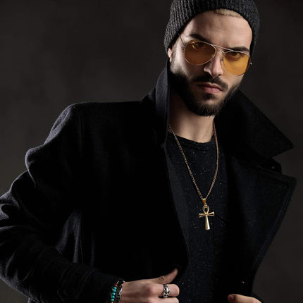 3 Pieces Men's Stainless Steel Ankh Pendant Necklace, Black, Gold, Silver.