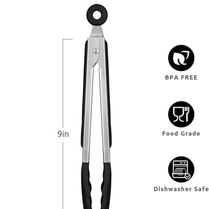 600ºF Heat Resistant Kitchen Tongs:  9 inch Silicone Cooking Tong with Firm Sealed Non Stick Rubber Tips & Silicon Coated 18/8 Stainless Steel Handle & Smooth Locking for Serving Salad (Black).