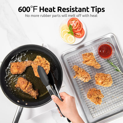 600ºF Heat Resistant Kitchen Tongs:  9 inch Silicone Cooking Tong with Firm Sealed Non Stick Rubber Tips & Silicon Coated 18/8 Stainless Steel Handle & Smooth Locking for Serving Salad (Black).