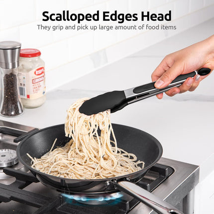 600ºF Heat Resistant Kitchen Tongs:  9 inch Silicone Cooking Tong with Firm Sealed Non Stick Rubber Tips & Silicon Coated 18/8 Stainless Steel Handle & Smooth Locking for Serving Salad (Black).