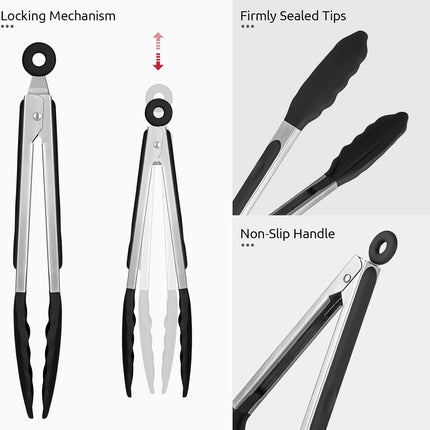 600ºF Heat Resistant Kitchen Tongs:  9 inch Silicone Cooking Tong with Firm Sealed Non Stick Rubber Tips & Silicon Coated 18/8 Stainless Steel Handle & Smooth Locking for Serving Salad (Black).