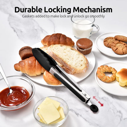 600ºF Heat Resistant Kitchen Tongs:  9 inch Silicone Cooking Tong with Firm Sealed Non Stick Rubber Tips & Silicon Coated 18/8 Stainless Steel Handle & Smooth Locking for Serving Salad (Black).