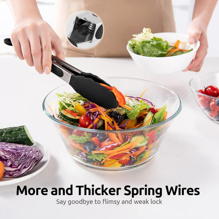 600ºF Heat Resistant Kitchen Tongs:  9 inch Silicone Cooking Tong with Firm Sealed Non Stick Rubber Tips & Silicon Coated 18/8 Stainless Steel Handle & Smooth Locking for Serving Salad (Black).
