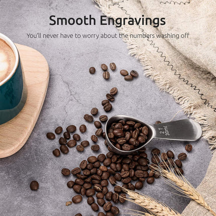 Coffee Scoop:  18/8 Stainless Steel Measuring Coffee Scoop 2 tablespoon, Short Handled Measure Scooper for Ground Coffee, Bean in Canister (Silver, 2Tbsp/30ml).