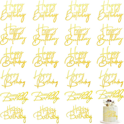 24 Pieces Gold Happy Birthday Cake Toppers Mirror Acrylic Cupcake Topper Happy Birthday Sign for Cake Side Cupcake Decorations, 6 Styles.