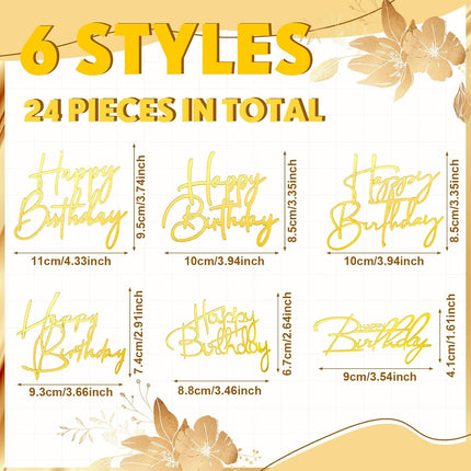 24 Pieces Gold Happy Birthday Cake Toppers Mirror Acrylic Cupcake Topper Happy Birthday Sign for Cake Side Cupcake Decorations, 6 Styles.