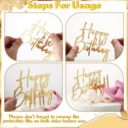 24 Pieces Gold Happy Birthday Cake Toppers Mirror Acrylic Cupcake Topper Happy Birthday Sign for Cake Side Cupcake Decorations, 6 Styles.