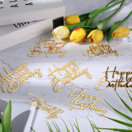 24 Pieces Gold Happy Birthday Cake Toppers Mirror Acrylic Cupcake Topper Happy Birthday Sign for Cake Side Cupcake Decorations, 6 Styles.