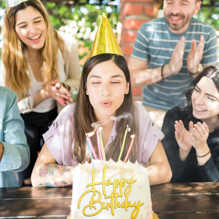 24 Pieces Gold Happy Birthday Cake Toppers Mirror Acrylic Cupcake Topper Happy Birthday Sign for Cake Side Cupcake Decorations, 6 Styles.