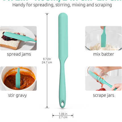 Skinny Silicone Jar Spatula: 600ºF Heat-Resistant Food-Grade 10in Long Narrow Sourdough Stirring Stick, Seamless Flexible Peanut Butter Spreader for Scraping Icing Bread Cream, Jam (Aqua Sky).