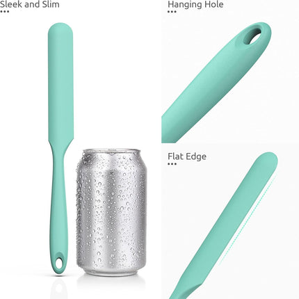 Skinny Silicone Jar Spatula: 600ºF Heat-Resistant Food-Grade 10in Long Narrow Sourdough Stirring Stick, Seamless Flexible Peanut Butter Spreader for Scraping Icing Bread Cream, Jam (Aqua Sky).