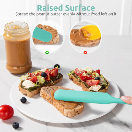 Skinny Silicone Jar Spatula: 600ºF Heat-Resistant Food-Grade 10in Long Narrow Sourdough Stirring Stick, Seamless Flexible Peanut Butter Spreader for Scraping Icing Bread Cream, Jam (Aqua Sky).