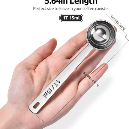Coffee Scoop 1 Tablespoon: 18/8 Stainless Steel Measuring Scooper for Ground Coffee, Bean, Powder, Espresso, 4.3in Long Handle Metal Measure Spoon for Canister, Jar (1Tbsp/15ml).
