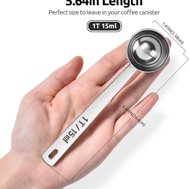 Coffee Scoop 1 Tablespoon: 18/8 Stainless Steel Measuring Scooper for Ground Coffee, Bean, Powder, Espresso, 4.3in Long Handle Metal Measure Spoon for Canister, Jar (1Tbsp/15ml).