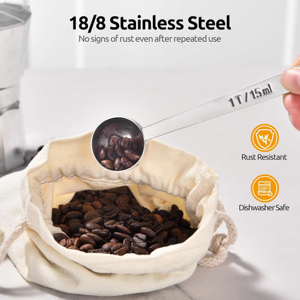 Coffee Scoop 1 Tablespoon: 18/8 Stainless Steel Measuring Scooper for Ground Coffee, Bean, Powder, Espresso, 4.3in Long Handle Metal Measure Spoon for Canister, Jar (1Tbsp/15ml).