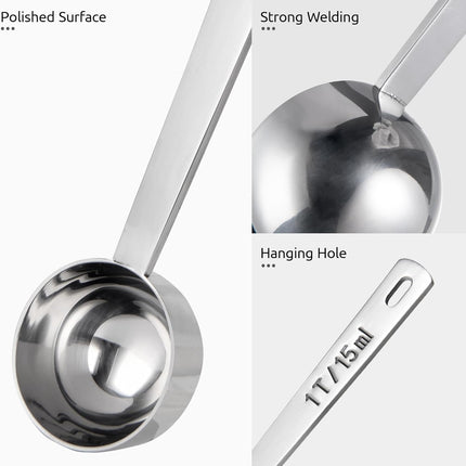Coffee Scoop 1 Tablespoon: 18/8 Stainless Steel Measuring Scooper for Ground Coffee, Bean, Powder, Espresso, 4.3in Long Handle Metal Measure Spoon for Canister, Jar (1Tbsp/15ml).
