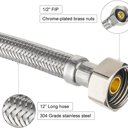 2-Pack  Faucet Supply Lines, 1/2" FIP x 3/8" COMP Faucet Hose, 12-inch length Stainless Steel Braided Supply Line,(HOSE043).