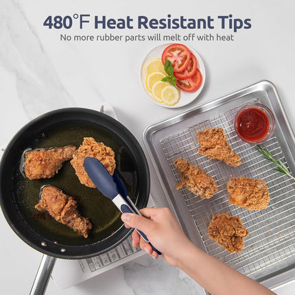 480ºF Heat Proof Kitchen Tong:  7" Silicone Cooking Tong with Firm Sealed Non Stick Rubber Tips & Silicon Coated 18/8 Stainless Steel Handle & Smooth Locking for Serving Salad (Midnight Blue).