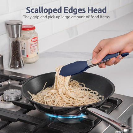 480ºF Heat Proof Kitchen Tong:  7" Silicone Cooking Tong with Firm Sealed Non Stick Rubber Tips & Silicon Coated 18/8 Stainless Steel Handle & Smooth Locking for Serving Salad (Midnight Blue).