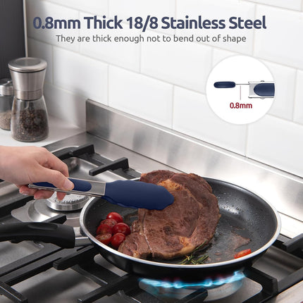 480ºF Heat Proof Kitchen Tong:  7" Silicone Cooking Tong with Firm Sealed Non Stick Rubber Tips & Silicon Coated 18/8 Stainless Steel Handle & Smooth Locking for Serving Salad (Midnight Blue).