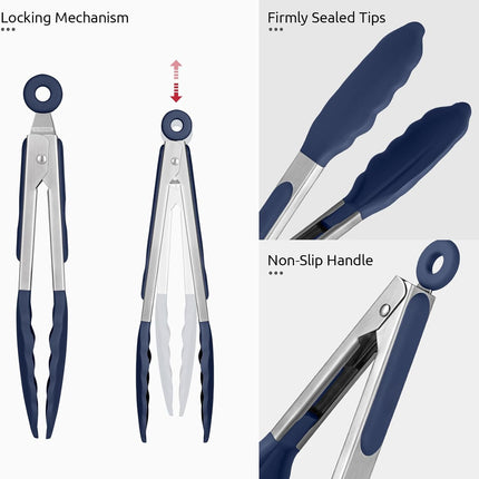 480ºF Heat Proof Kitchen Tong:  7" Silicone Cooking Tong with Firm Sealed Non Stick Rubber Tips & Silicon Coated 18/8 Stainless Steel Handle & Smooth Locking for Serving Salad (Midnight Blue).