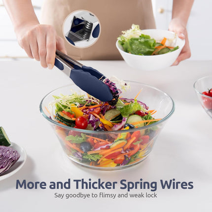 480ºF Heat Proof Kitchen Tong:  7" Silicone Cooking Tong with Firm Sealed Non Stick Rubber Tips & Silicon Coated 18/8 Stainless Steel Handle & Smooth Locking for Serving Salad (Midnight Blue).