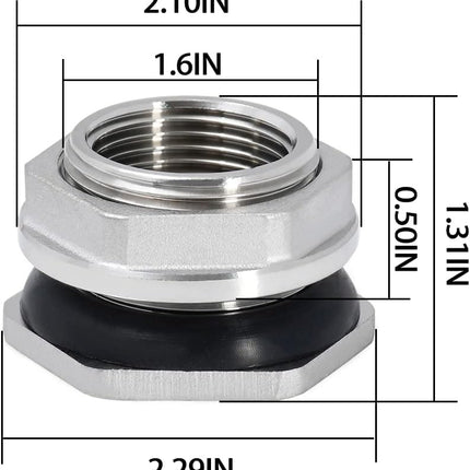 1" Female Bulkhead Water Tank Connector Stainless Steel Thru-bulk Fitting.