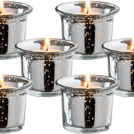Silver Oyster Mercury Glass Votive Candle Holder, Table Centerpiece Tealight Decoration for Elegant Dinner, Party, Wedding, Holiday, Set of 6 (Unfilled).