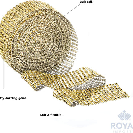 Rhinestone Diamond Bling Wrap Ribbon for Wedding Cake, Party, Holiday & Home Decoration, Gold 8-Rows, (2 Rolls) 10 YDS EA..