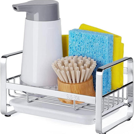 Kitchen Sink Sponge Holder, 304 Stainless Steel Kitchen Soap Dispenser Caddy Organizer, Countertop Soap Dish Rack Drainer with Removable Drain Tray, not Including Dispenser and Brush.