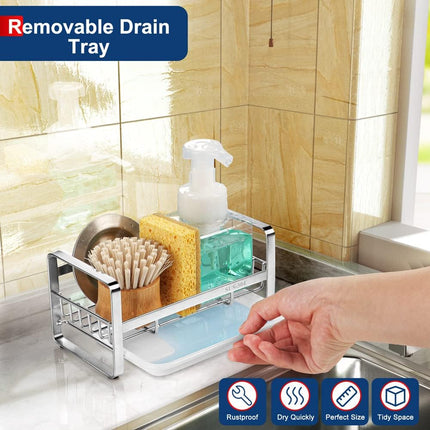 Kitchen Sink Sponge Holder, 304 Stainless Steel Kitchen Soap Dispenser Caddy Organizer, Countertop Soap Dish Rack Drainer with Removable Drain Tray, not Including Dispenser and Brush.