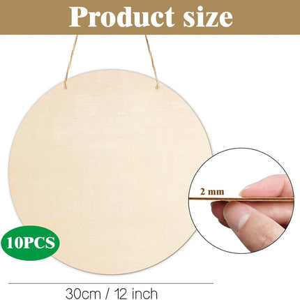 10Pcs Thickened Wood Circles for Crafts with Holes,12" Unfinished Wood Rounds Discs with Twine,Wooden Round Circles for Door Hanger,Blank Wooden Signs for Painting,Wood Burning.