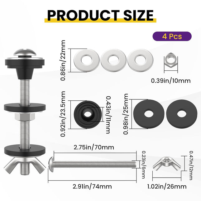 4 Pcs Universal Toilet Tank to Bowl Bolts Kit, Heavy Duty Stainless Steel Toilet Tank Bolts with Stainless and Rubber Washers Gasket for Toilet Mounting and Repair.