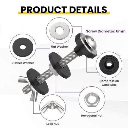 4 Pcs Universal Toilet Tank to Bowl Bolts Kit, Heavy Duty Stainless Steel Toilet Tank Bolts with Stainless and Rubber Washers Gasket for Toilet Mounting and Repair.